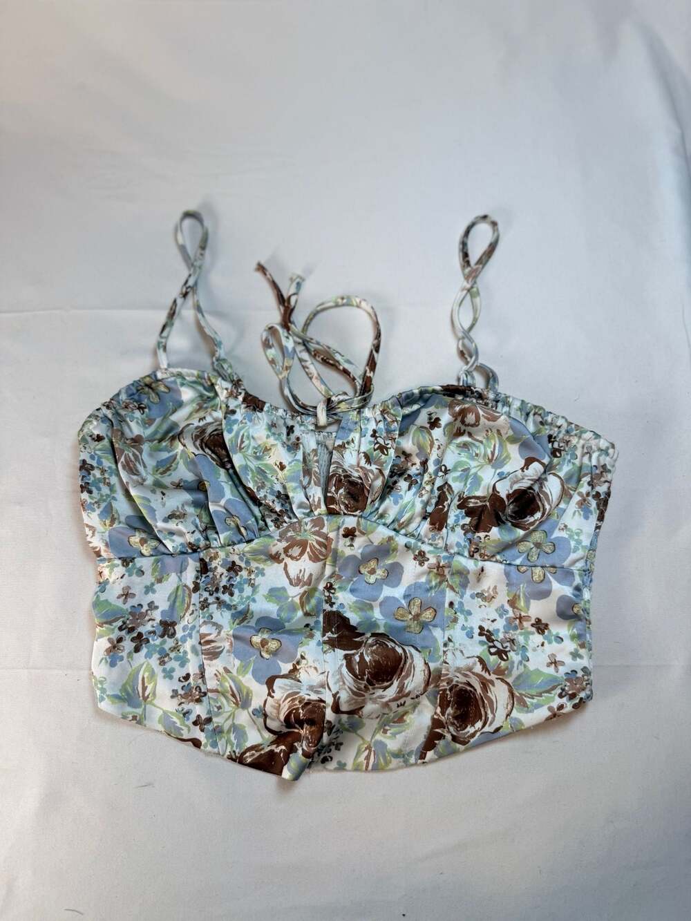 Y2K Floral Boho Satin Corset Top L.A. Hearts Medium Tie Strap Crop Top 2000s